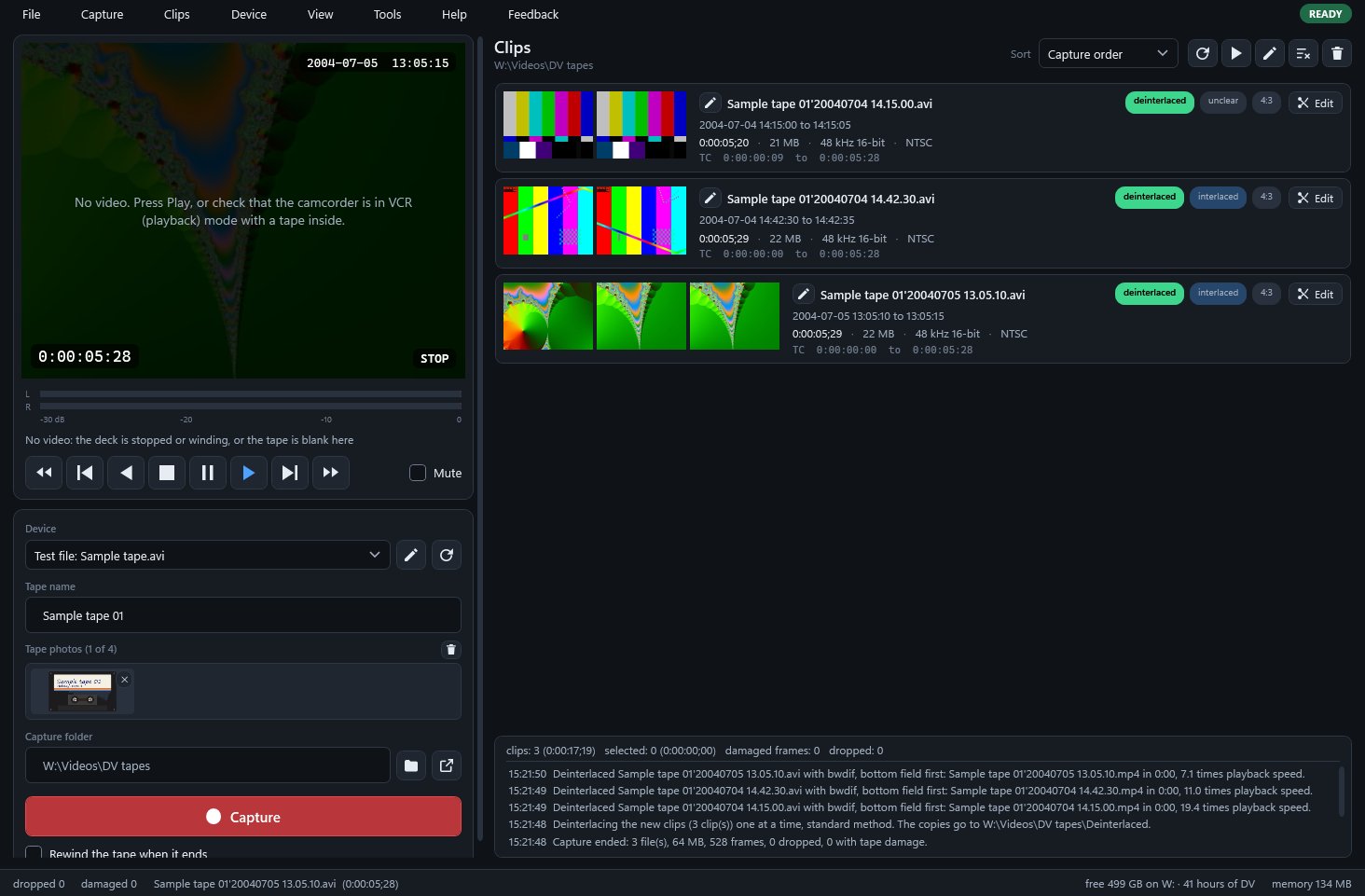After the capture: one file per scene, each with a deinterlaced MP4 copy
