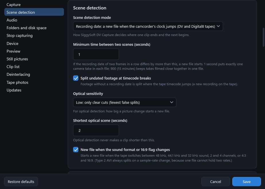 Settings > Scene detection