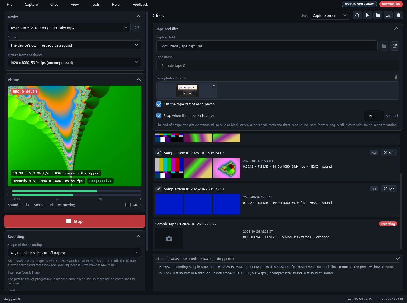Recording: time, file size, bit rate and frames on the picture