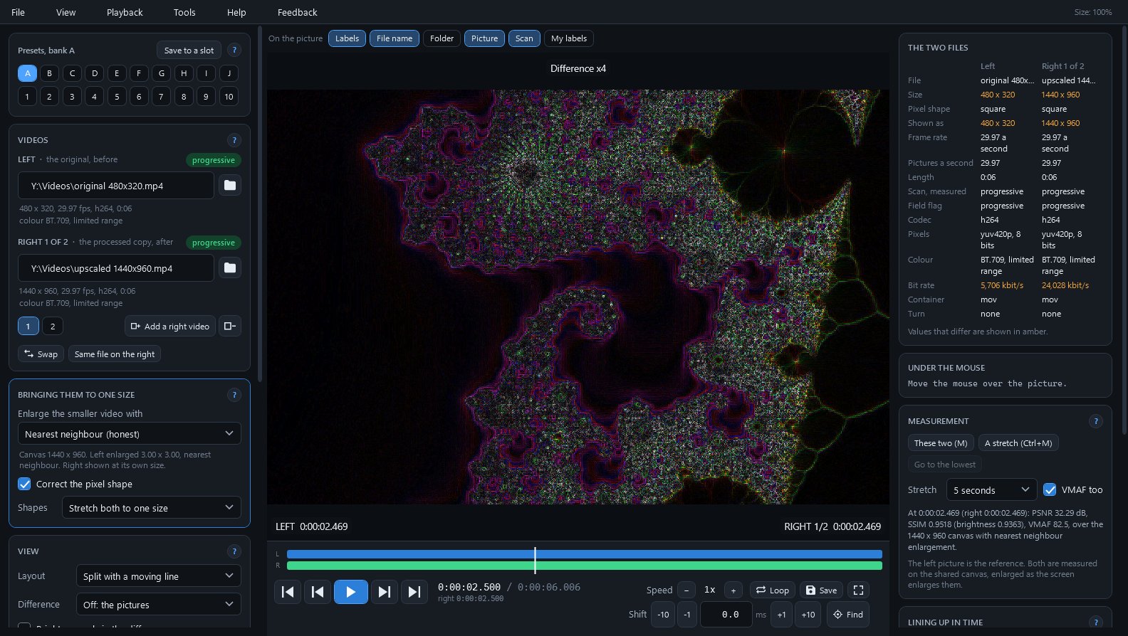 Difference x4 view, with PSNR, SSIM and VMAF of the pair on screen