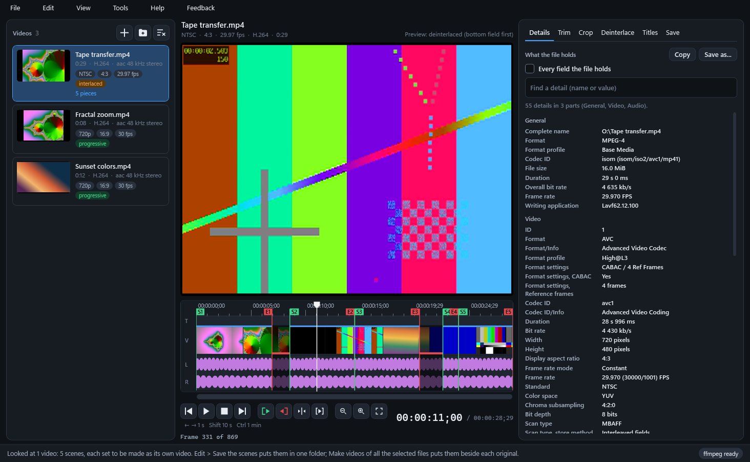 The Details tab: 55 details of an interlaced NTSC test video